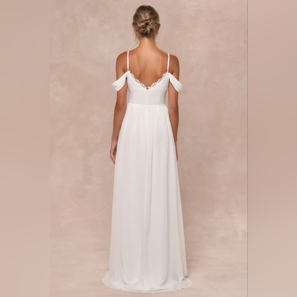 Lulus Marcelyn White Pleated Cold-Shoulder Maxi Dress S Wedding Party Bridal - Picture 5 of 10